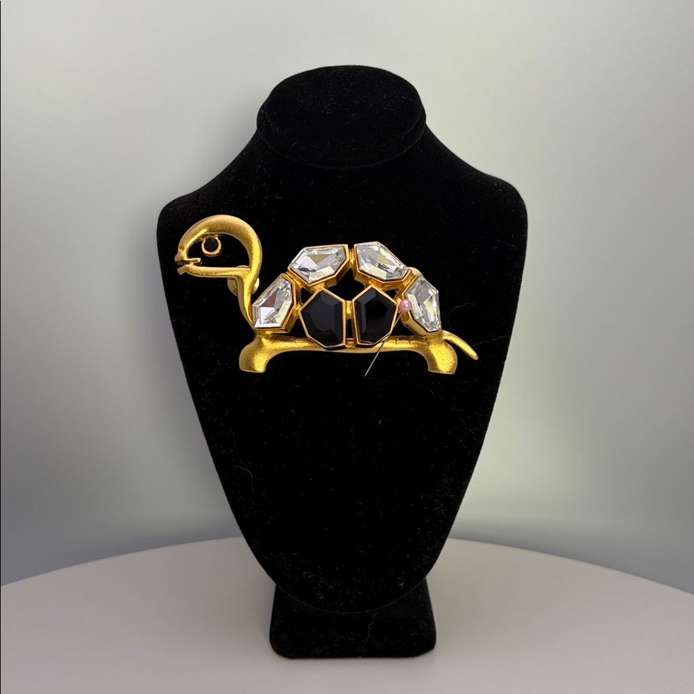 Vintage Turtle Brooch pin with gold brushed metal, cut black & clear crystal XL